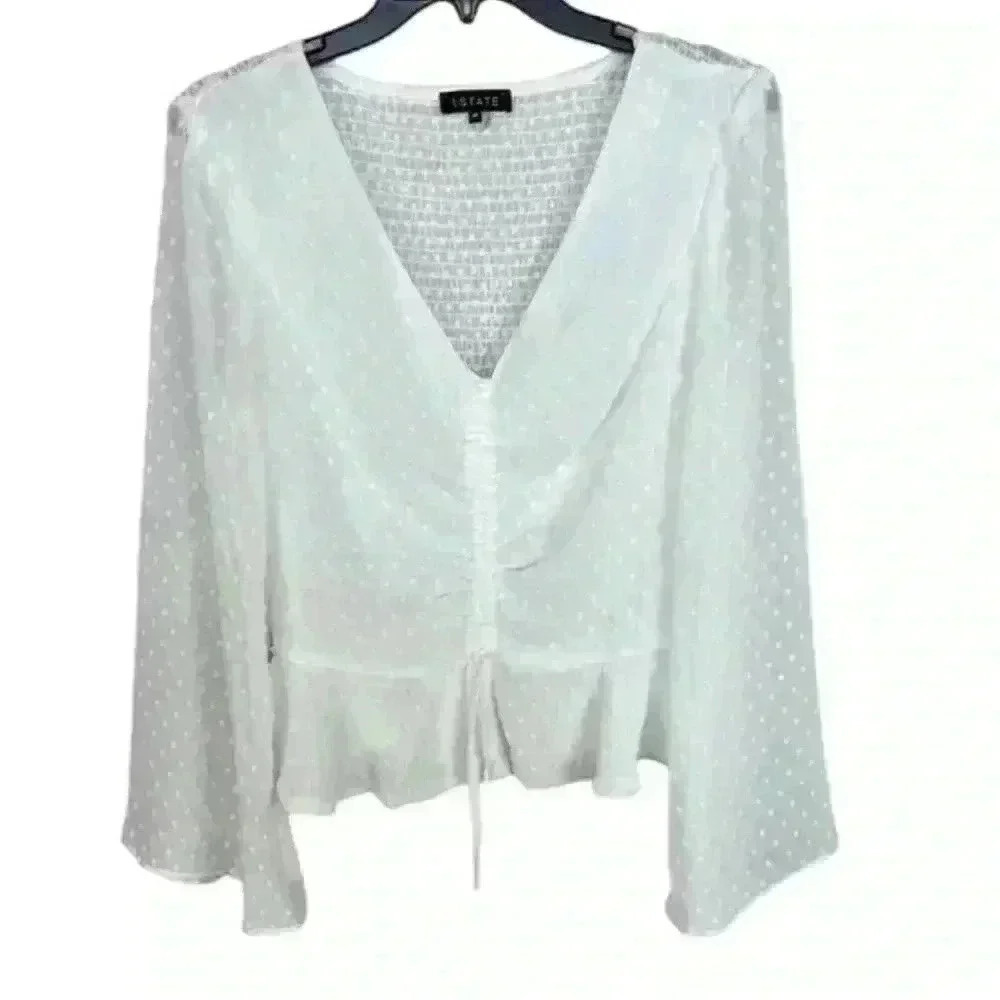 1. State Gorgeous white chiffon peplum v-neck bell long sleeves blouse top s